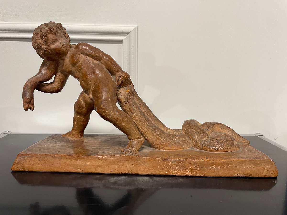 Sylvestre Clerc - Child Pulling A Snake Terracotta Sculpture Susse Frères